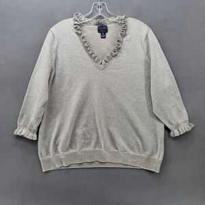 Chaps Classics Womens 2X Metallic Silver Ruffle V-Neck 3/4 Sleeve Sweater Top
